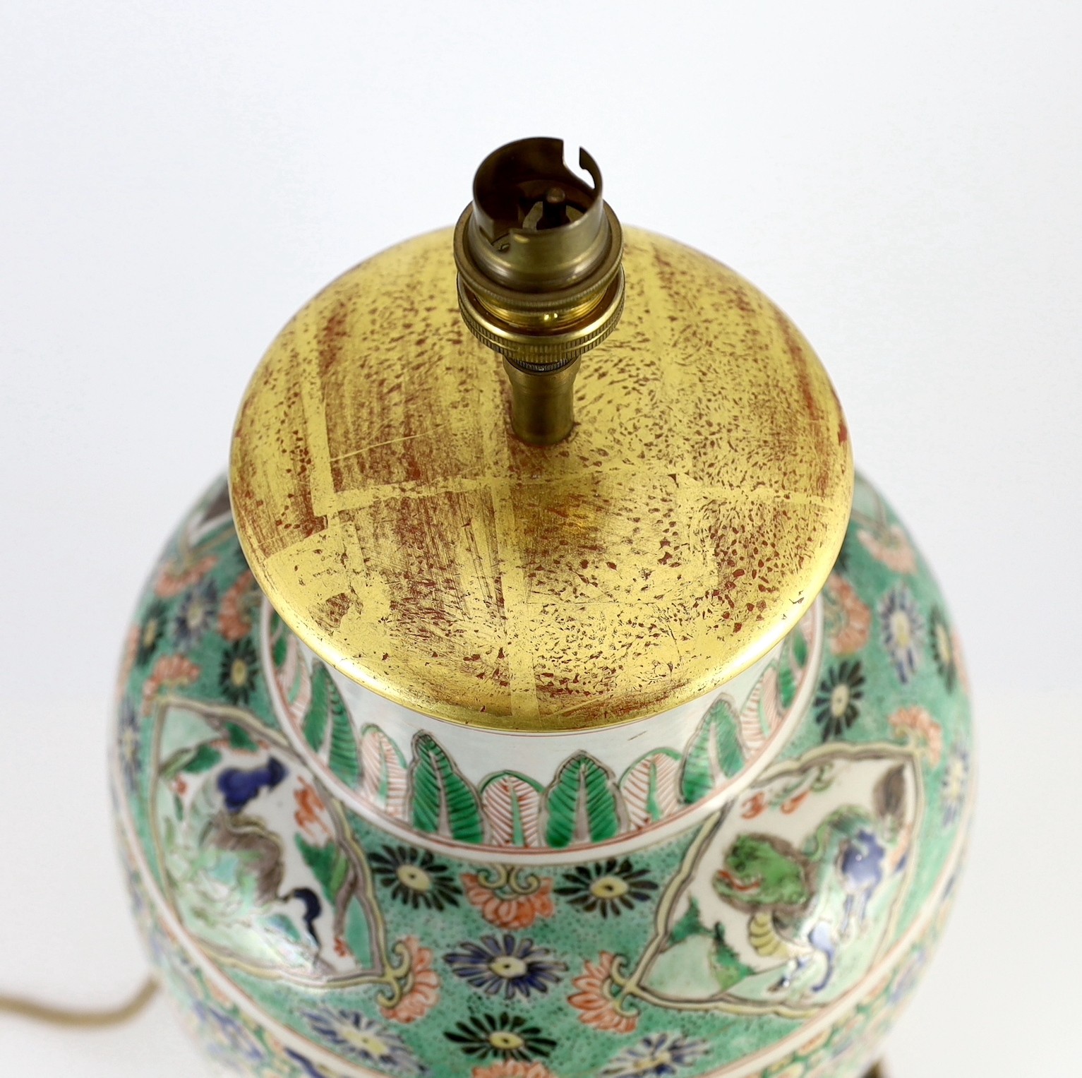 A Chinese famille verte baluster ‘Four Beauties’ baluster vase, Kangxi period, vase 42cm high, lower third restored, base lacking and mounted as a lamp, total height 53cm